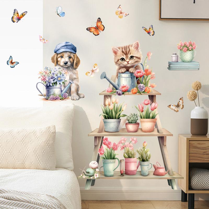 

Наклейки на стену с мультяшным котом, цветами в горшках, поддельные окна, теплая прикроватная тумбочка для спальни, декоративные наклейки, обои 30x90cmX2pcs