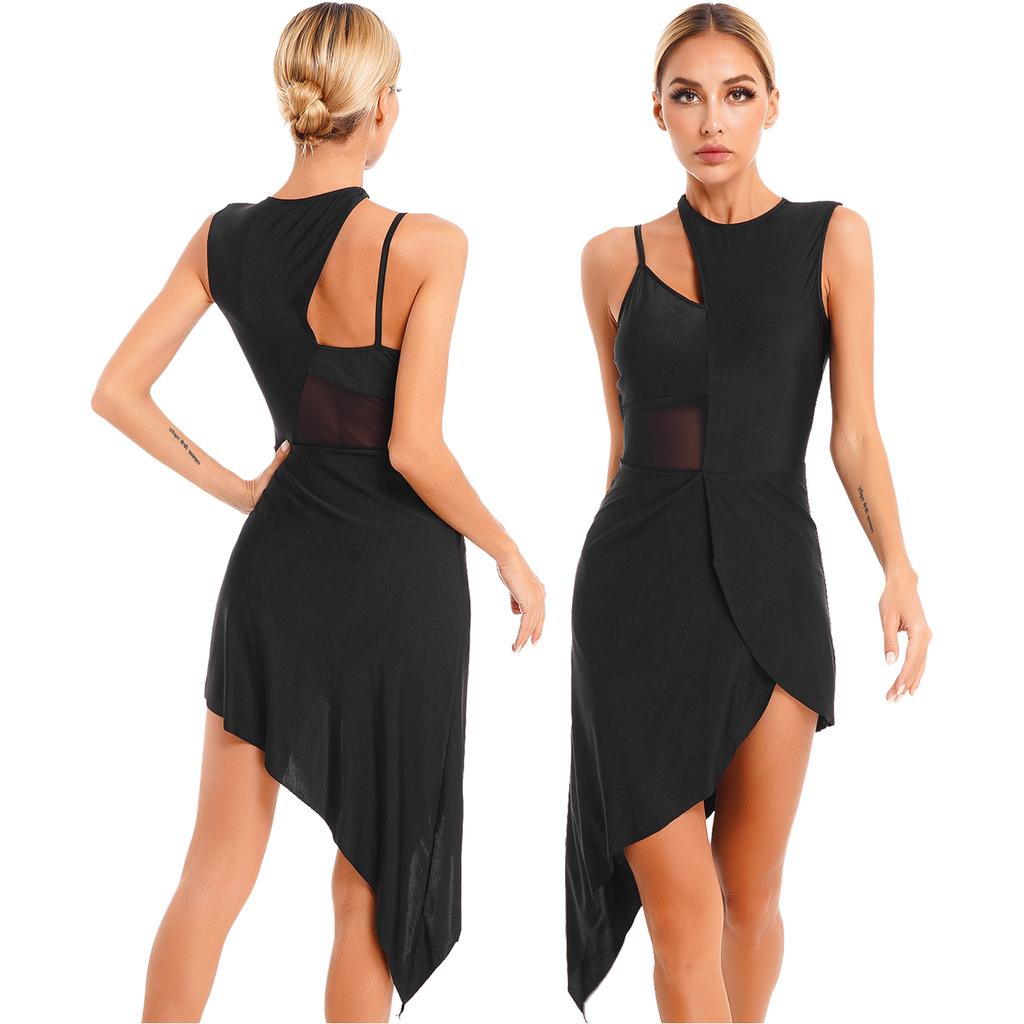 Womens Dance Leotard Dress Sheer Mesh Patchwork Sleeveless Asymmetrical Hem Dress Skating Latin Dancewear