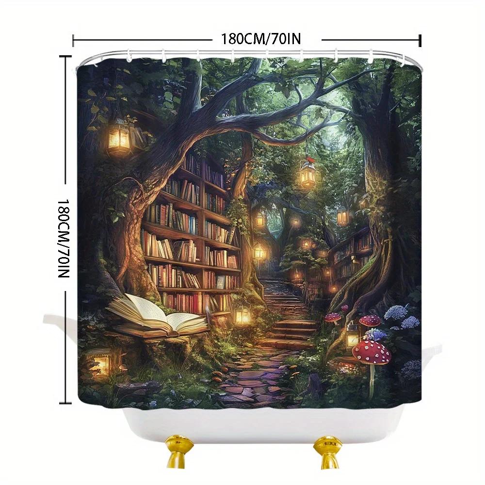Magical Forest Library Shower Curtain - Lanterns, Books & Pathway Design, Whimsical Bathroom Decor, Machine Washable
