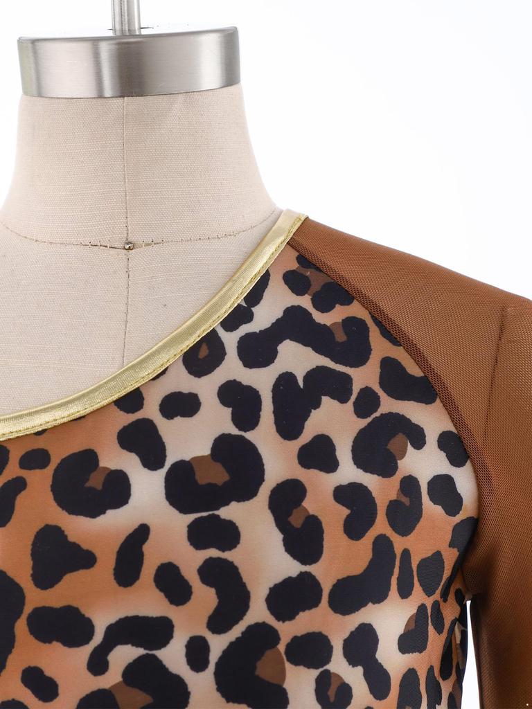 Mädchen Höhlen Kostüm Gymnastik Tanz Outfit Patchwork Asymmetrisches Design Leopardenmuster Body Overall