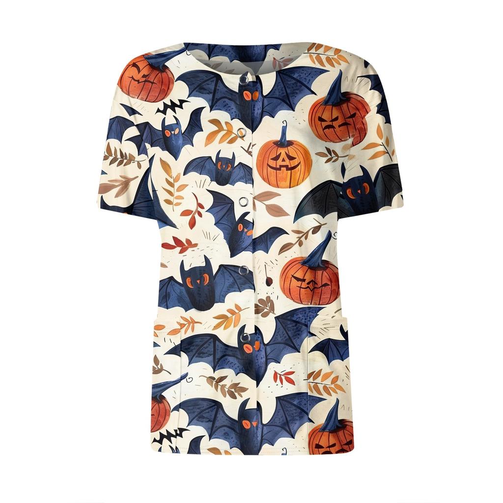 Women's Short Sleeved Patterned Pockets, Work Print Stand Up Collar, Single Breasted Protective Clothing, Cardigan Jacket, Top