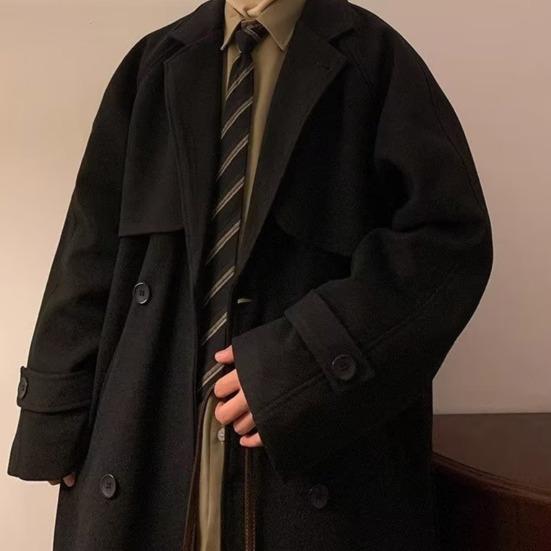 Men Windbreaker Lapel Long Sleeve Double-Breasted Casual Coat Autumn Winter Mid-length Outwear Solid Color Loose Fit Woolen Coat with Pockets