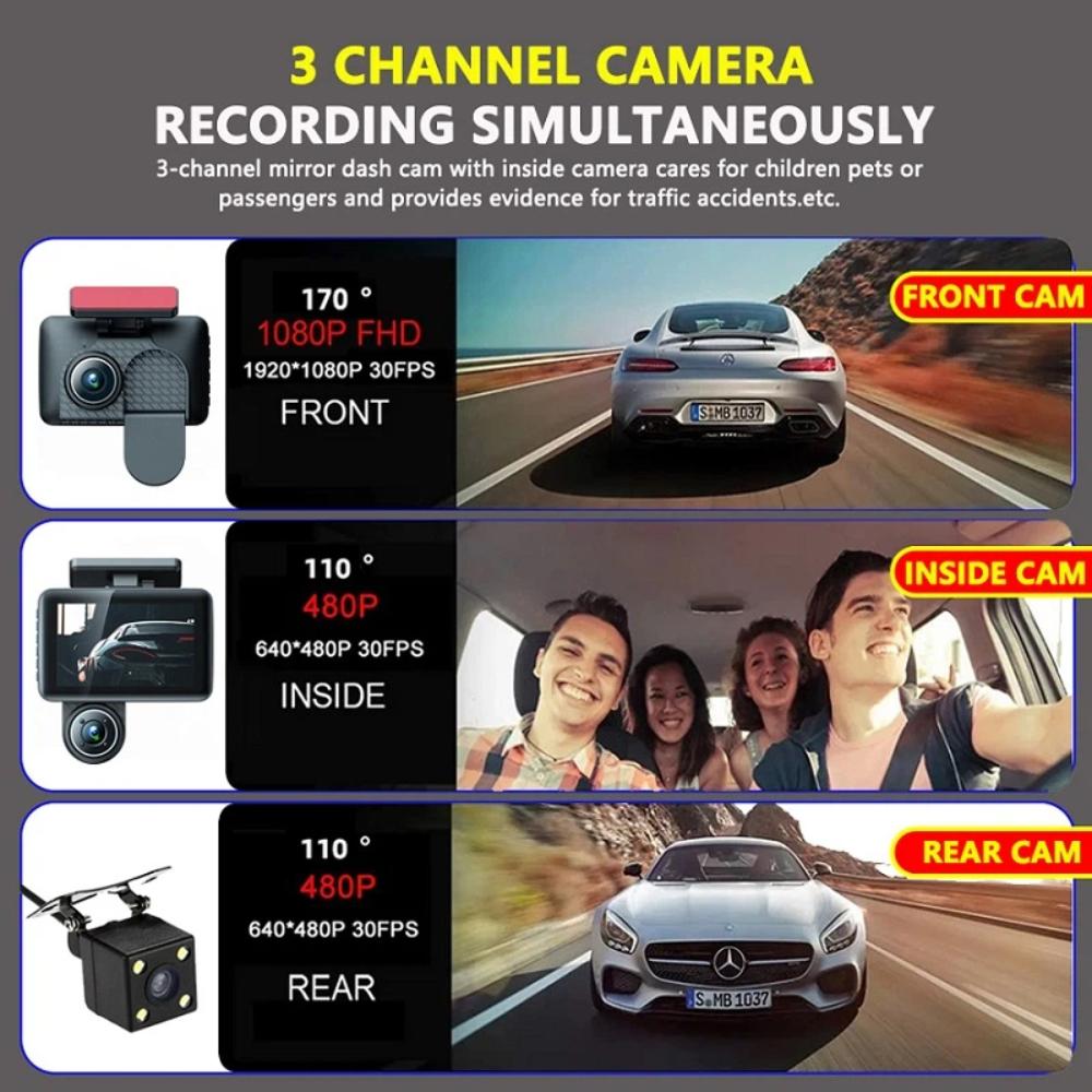 3-channel Dashcam, In-vehicle Black Box, 1080P HD Resolution, Infrared Night Vision, with Parking Monitoring and Gravity Sensor