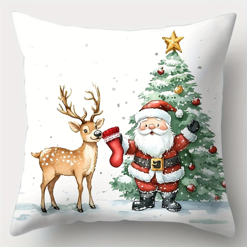 4pcs Set, Christmas Pillowcase, Christmas Tree, Snowman, Santa Claus Pillowcase, 17.7"*17.7", Single-sided Print, Christmas Deco