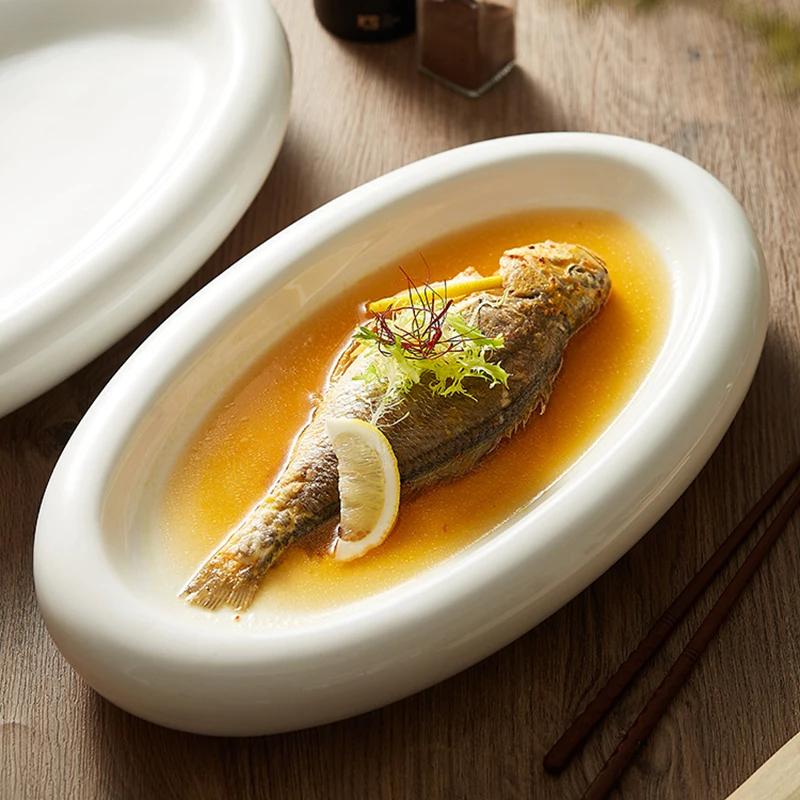 Oval Ceramic Cooking Dish Sashimi Sushi Plate Serving Platter Home Kitchen Solid Color Tableware Snack Desserts Dish Steak Plate