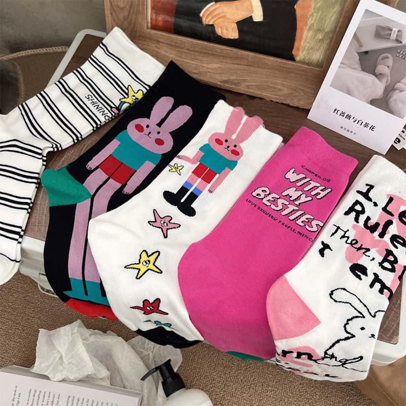 Socks Female Medium Tube Tide Girl Cute Cartoon Rabbit Striped Print Personalized Stockings