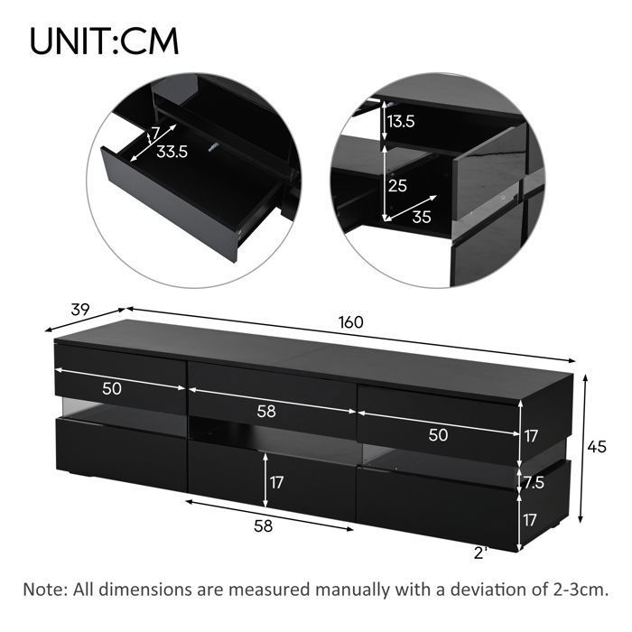 Meuble TV moderne noir brillant, avec éclairage LED, 2 portes, 1 tiroir, adapté à un téléviseur de 70 pouces, 160 x 39 x 45 cm