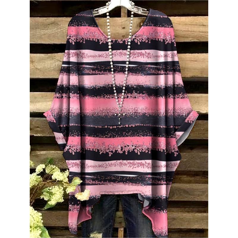 Большая женская элегантная повседневная футболка с коротким рукавом - Большой круглый вырез, Цветной полосатый принт 1XL