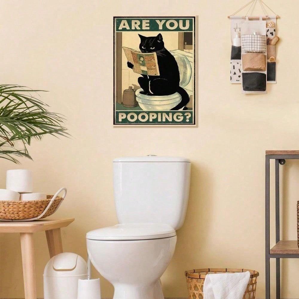 Funny Black Cat Metal Wall Poster Bathroom Toilet Decor