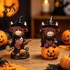 Festive Halloween Prop Highland Cow Figurine, Witch Pumpkin Skull Statue, Resin Scottish Small Desk Ornament for Calf Lovers, Shelf, Tiered
