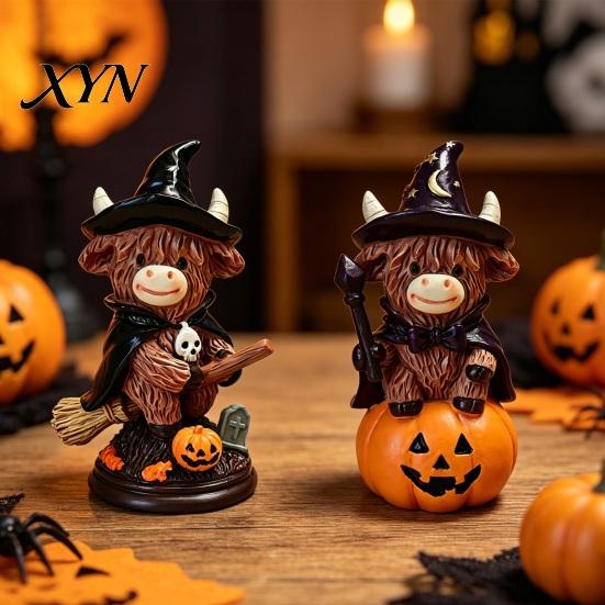 Festive Halloween Prop Highland Cow Figurine, Witch Pumpkin Skull Statue, Resin Scottish Small Desk Ornament for Calf Lovers, Shelf, Tiered