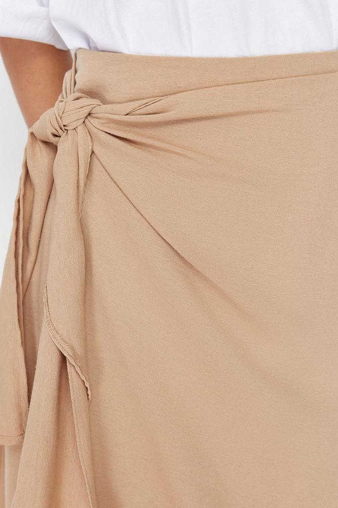 Women's Fashion Cinnamon Double Breasted Tie Detailed Woven Linen Look Skirt