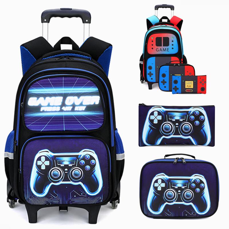 2025 Upgraded Kids Rolling Backpack with Game Console School Bag for Students Lightweight Blue