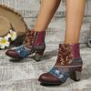 Autumn and winter new ethnic style color matching short boots printed thick heel retro handmade soft leather ankle boots