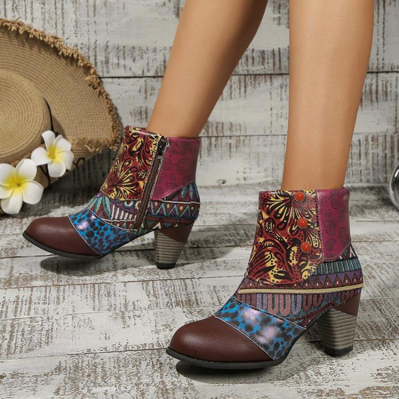 Autumn and winter new ethnic style color matching short boots printed thick heel retro handmade soft leather ankle boots