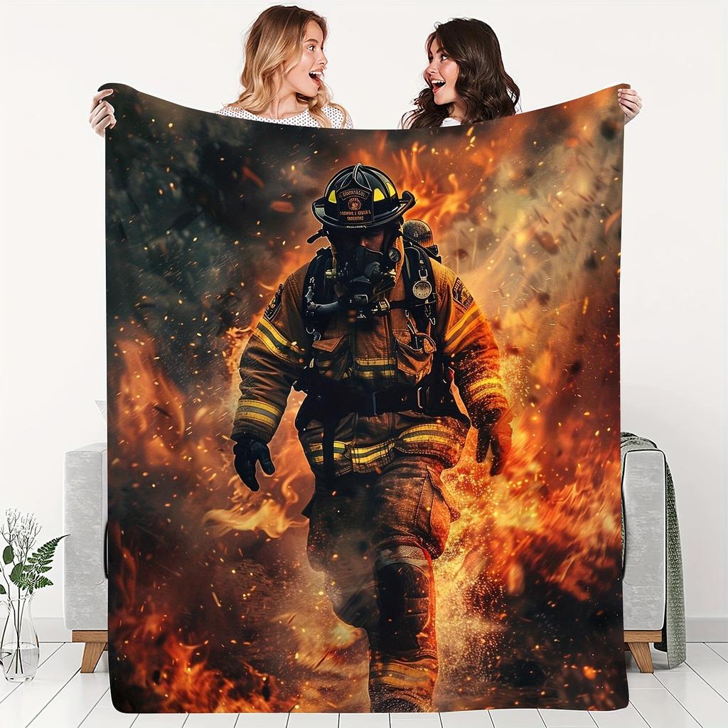 Heroic Firefighter Theme Art Blanket - Lodge Style Soft Warm All-Season Multi-Purpose Throw for Couch, Bed, Office & Travel