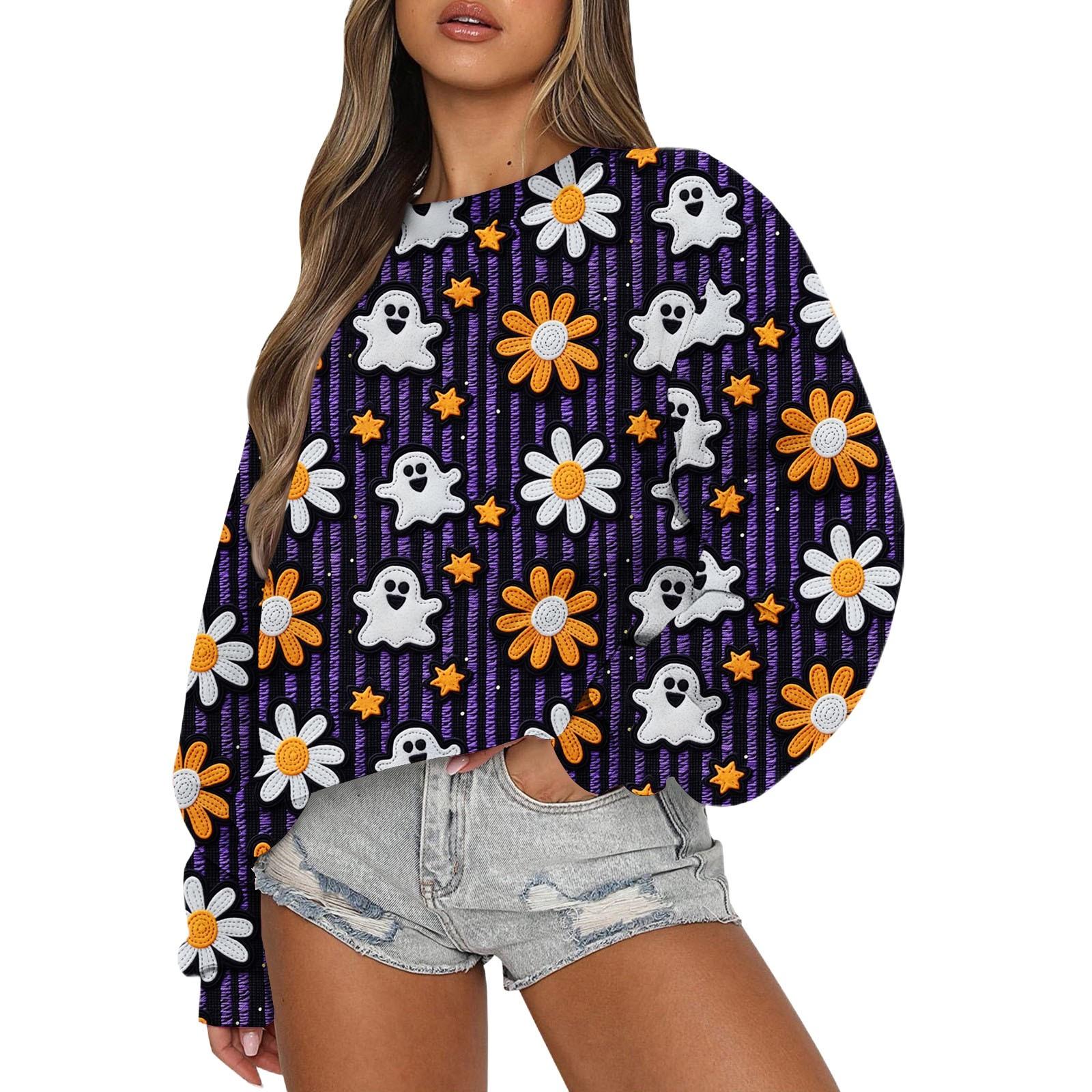 

Свитшоты для женщин с длинным рукавом на Хэллоуин, повседневные, с круглым вырезом, свободные, пуловеры, свитшоты, топы XXL фиолетовый
