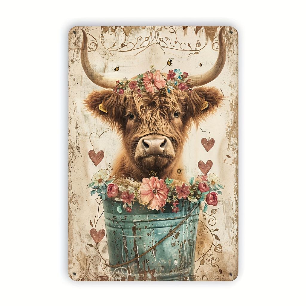 , Rustic Highland Cow with Flowers Metal Tin Sign, , Fun Animal Wall Art Decor, Farmhouse Garage Iron Art, Restaurant Home,