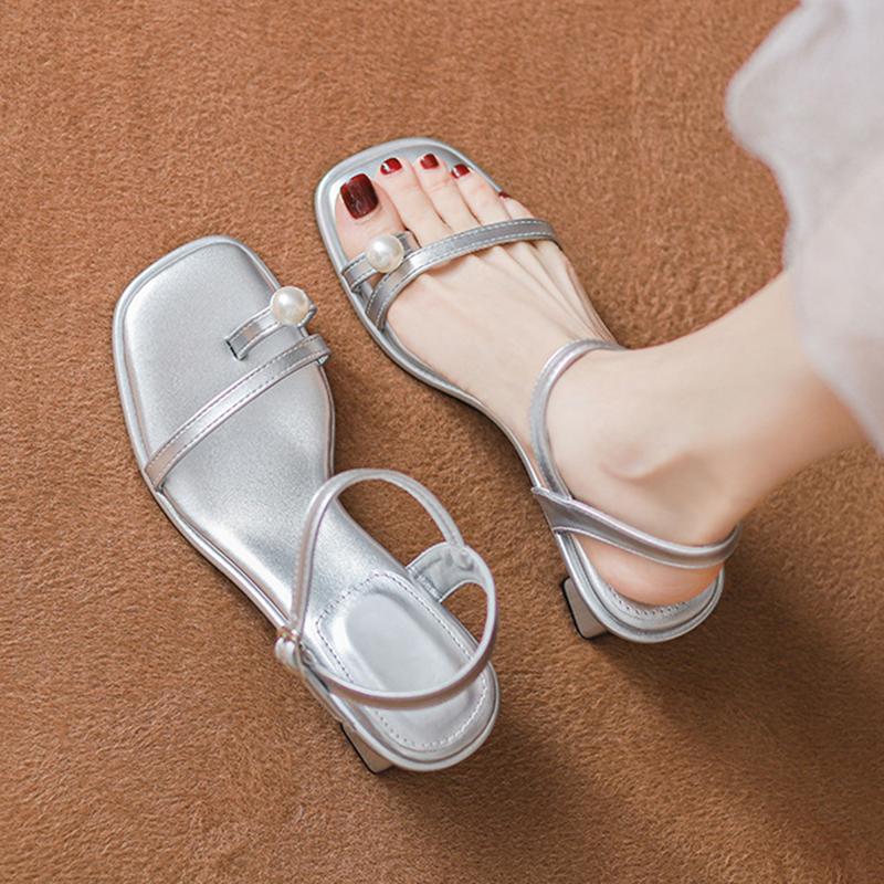 

Fashion clip toe pearl buckle sandals women high heels summer shoes ankle strap thick heel sandalias mujer 2025 zapatos de tacón mujer 34 серебряный