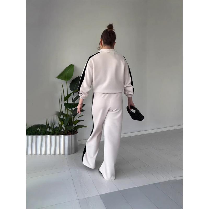 2025 Autumn Women's Fashion Color Block Casual Knitted Two-Piece Set