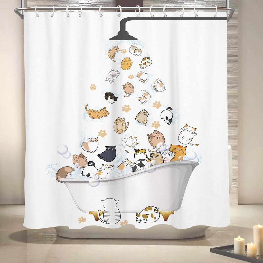 Cute Cat Shower Curtain for Kids Children Funny Fun Cartoon Kitty Animal Pattern Hilarious Girls Colorful Long Wide Pets Paw