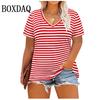 Summer Women Plus Size T Shirts Classic Black White Stripes V-Neck Short