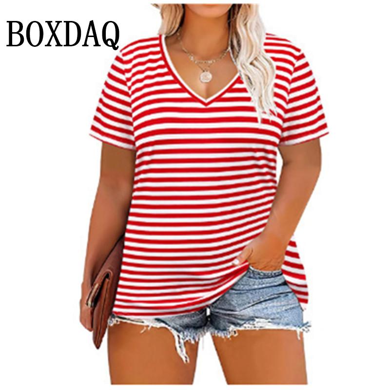 Summer Women Plus Size T Shirts Classic Black White Stripes V-Neck Short