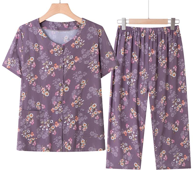 

2026 New Summer Cotton Silk Two-piece Cardigan Suit for Middle-aged and Elderly Women XL (80-100 Jin)