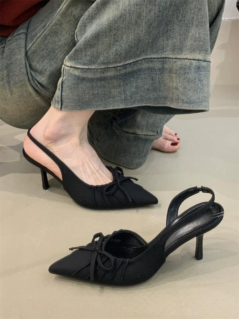 Niche temperament socialite Baotou high-heeled sandals women 2025 new pointed pleated shallow single shoes women