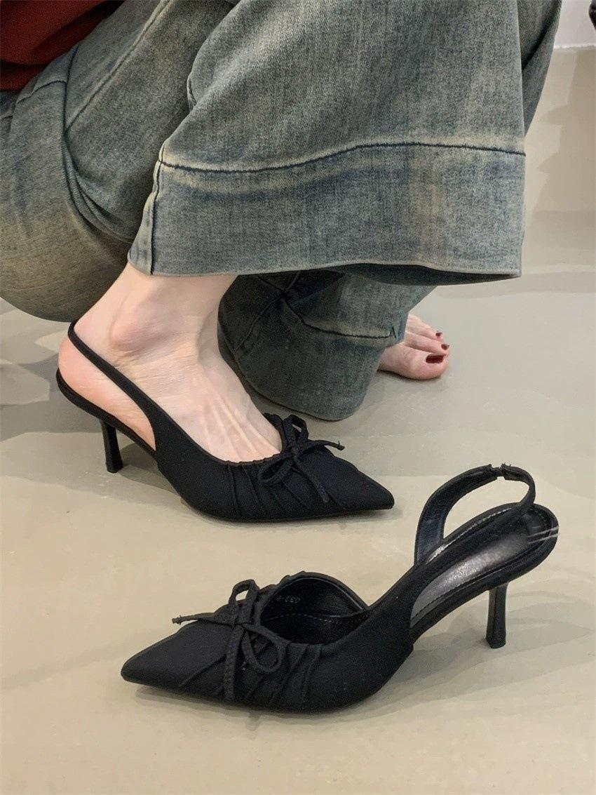 

Нишевый темперамент светская львица Баотоу босоножки на высоком каблуке женские 2025 новые заостренные плиссированные неглубокие одинарные туфли женские 40 чёрный