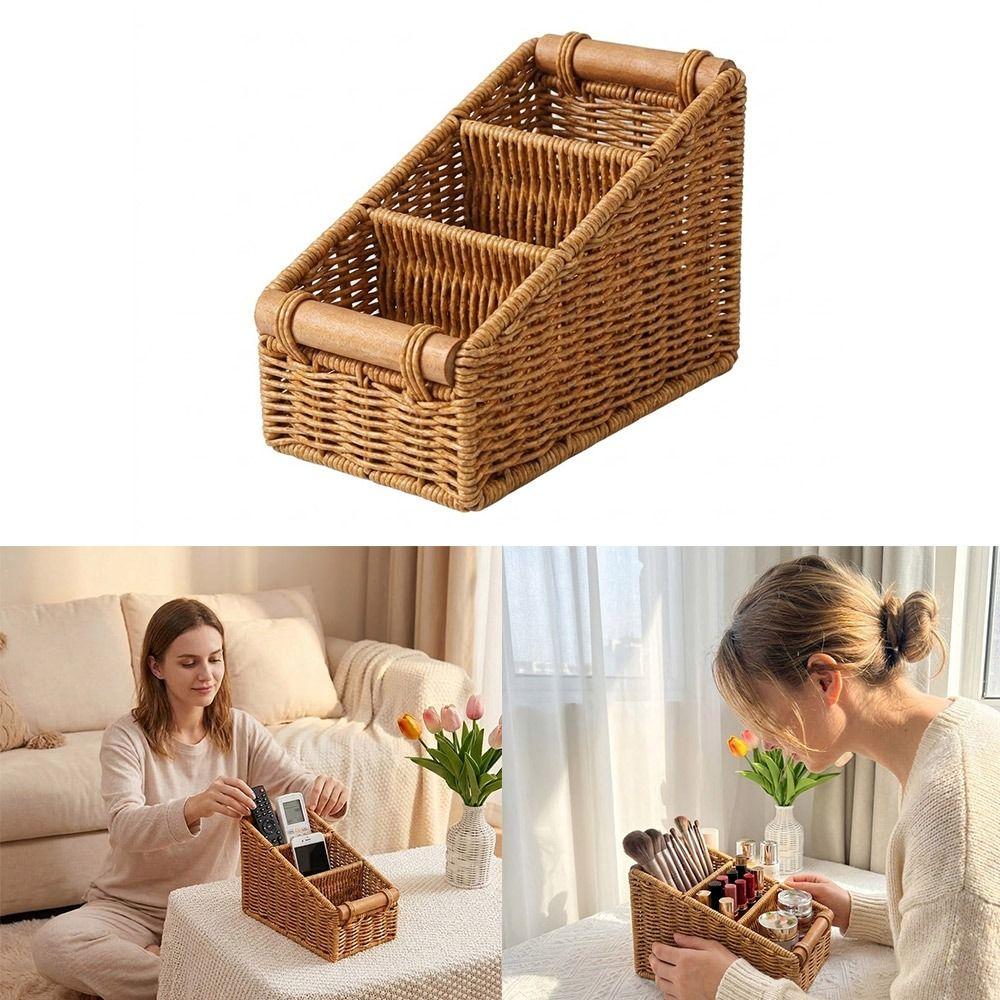 Multi-porpose Compartmentalized Storage Box Brown Plastic Sundries Organization Box Divided Grids Bevel Step Weaving Basket