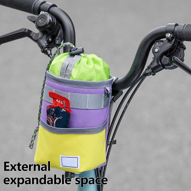 Bike Front Bar Bottle Bag with Two Fasteners, Drawstring Storage Compartment, and Removable Crossbody Carry Option