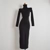 Sample Clothes Western Style Sexy Tall High Collar Hollow-out Waist Fashion Long Sleeve Dress Women's Bag Hip Over the Knee Long Dress
