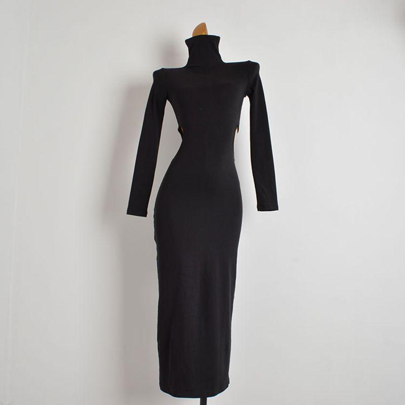 Sample Clothes Western Style Sexy Tall High Collar Hollow-out Waist Fashion Long sleeve dress Women's Bag Hip over the Knee Long dress