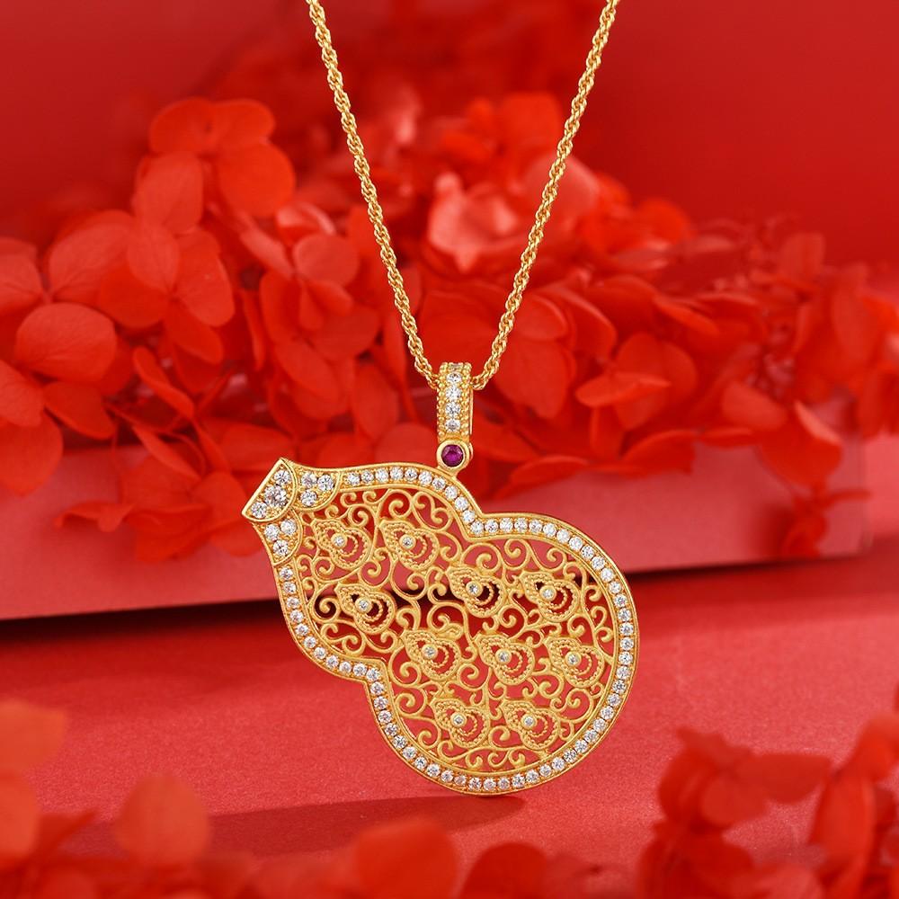 Jindian has the same Fulu God of Wealth, sand gold ancient French wire matte lucky gourd pendant, retro court necklace wholesale.