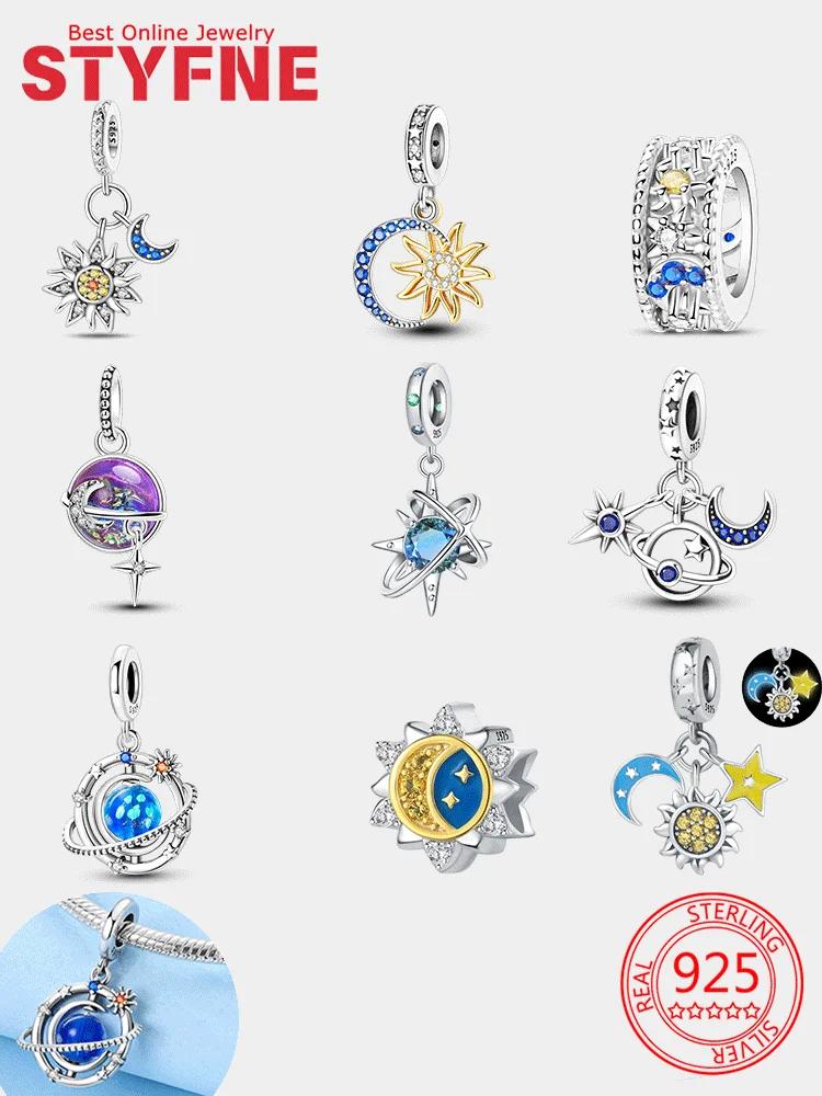 Moon Stars Planets Shining Zircon Beads Pendant Fit Women Diy Copper Charms Jewelry Original Bracelet Fine Delicate Gift