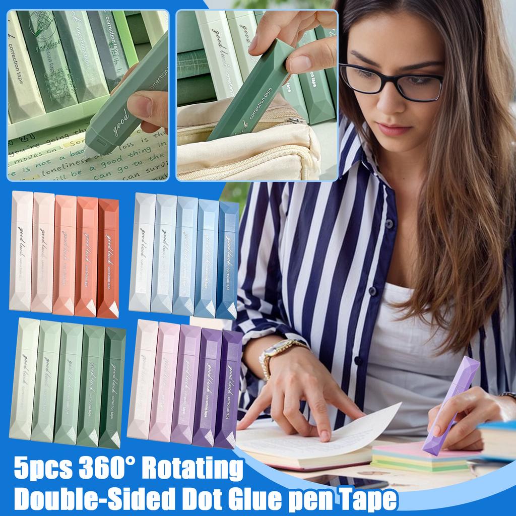 5pcs 360° Rotating Double-Sided Dot Glue Pen Tape, Large Capacity, Stationery, Traceless Adhesive For Scrapbooking, DIY Crafts, Back-to-School, Offic