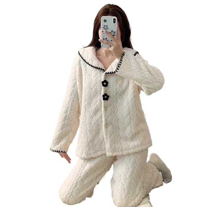 Women's Winter Warm Flannel Pajama Set, Cozy Thickened Fleece Lounge Wear with Flower Buttons, Soft Plaid Home Sleepwear Suit