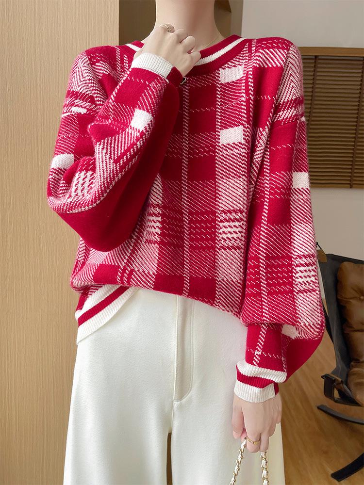 2024 Autumn/Winter Women's Color Block Red Plaid Cashmere Wool Sweater
