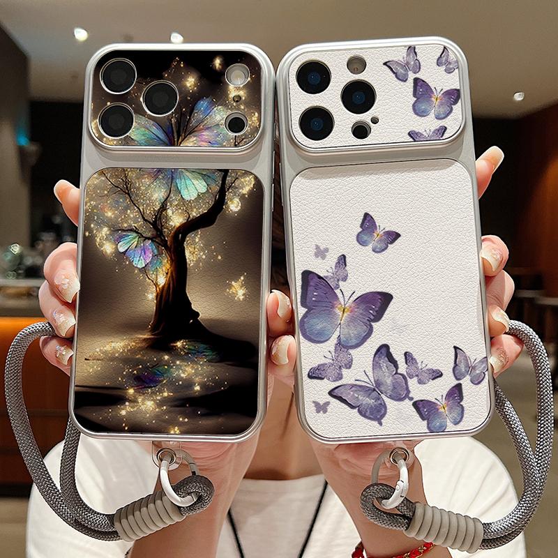 Glowing Tree Butterfly Leather Lanyard Case For iPhone 18 Pro Max 17 16 15 14 13 Pro Max Luxury Hybrid TPU+PU Anti-skid Soft Phone Cover