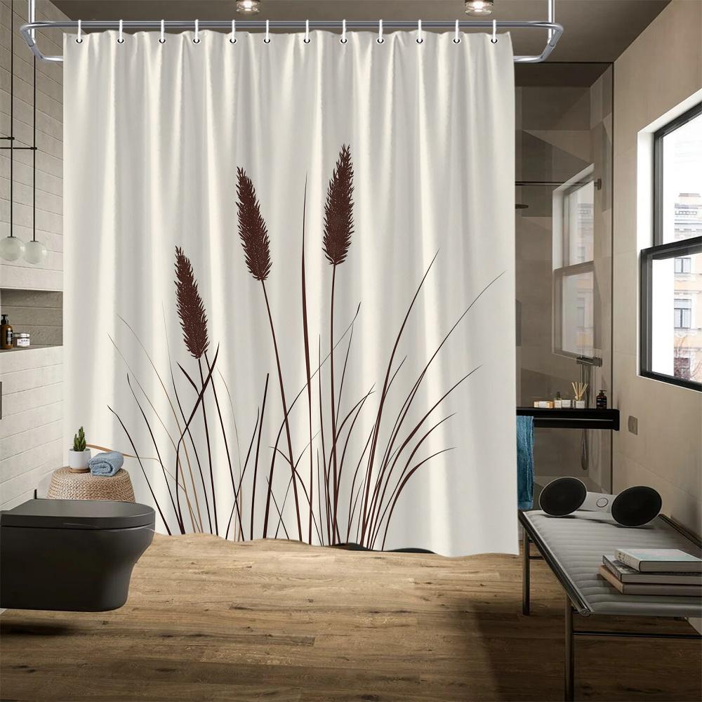 

Minimalist Feathery Plants Shower Curtain - Light Cream & Brown Design, Polyester, Modern Bath Decor 90X180cm