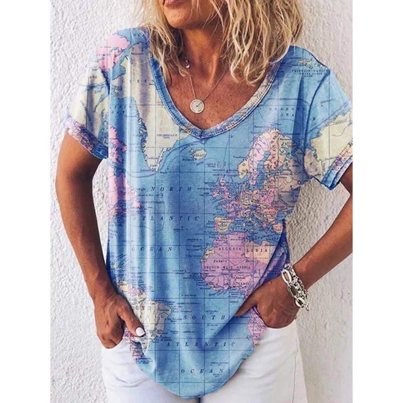 Women'S Map Print Shirt V-Neck Loose Short-Sleeved T-Shirt