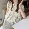 Women Summer Casual French Style Temperament Floral Blouses Loose Lovely Folds Young College