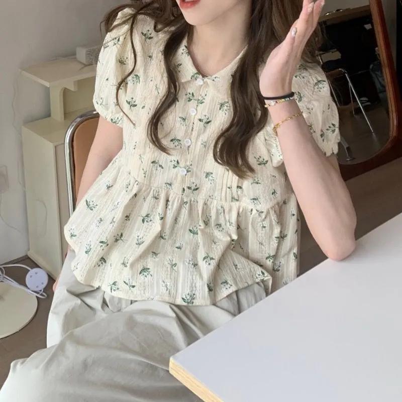 Women Summer Casual French Style Temperament Floral Blouses Loose Lovely Folds Young College