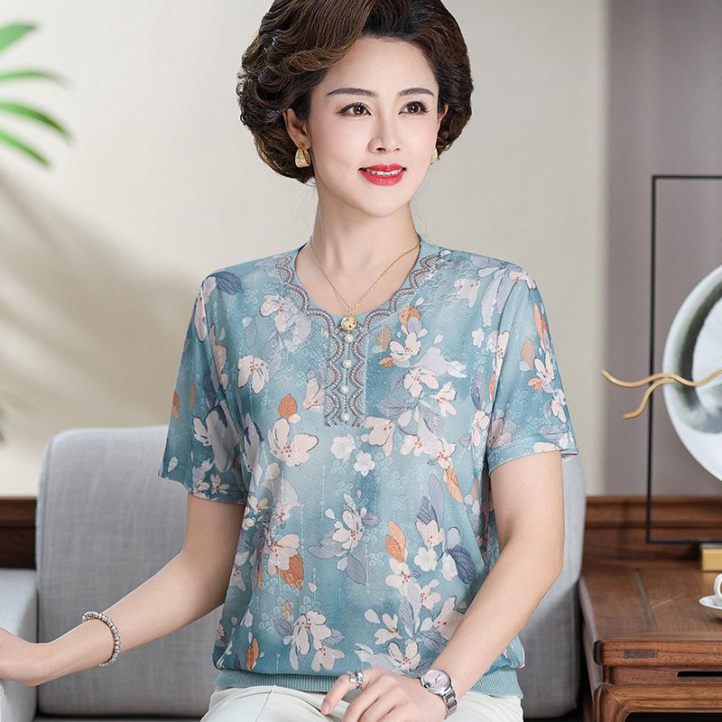 

High-End Ice Silk Knit T-shirt: Round Neck, Short Sleeve, Plus Size for Middle-Aged Women 4XL (Recommended 68-75 kg) синій