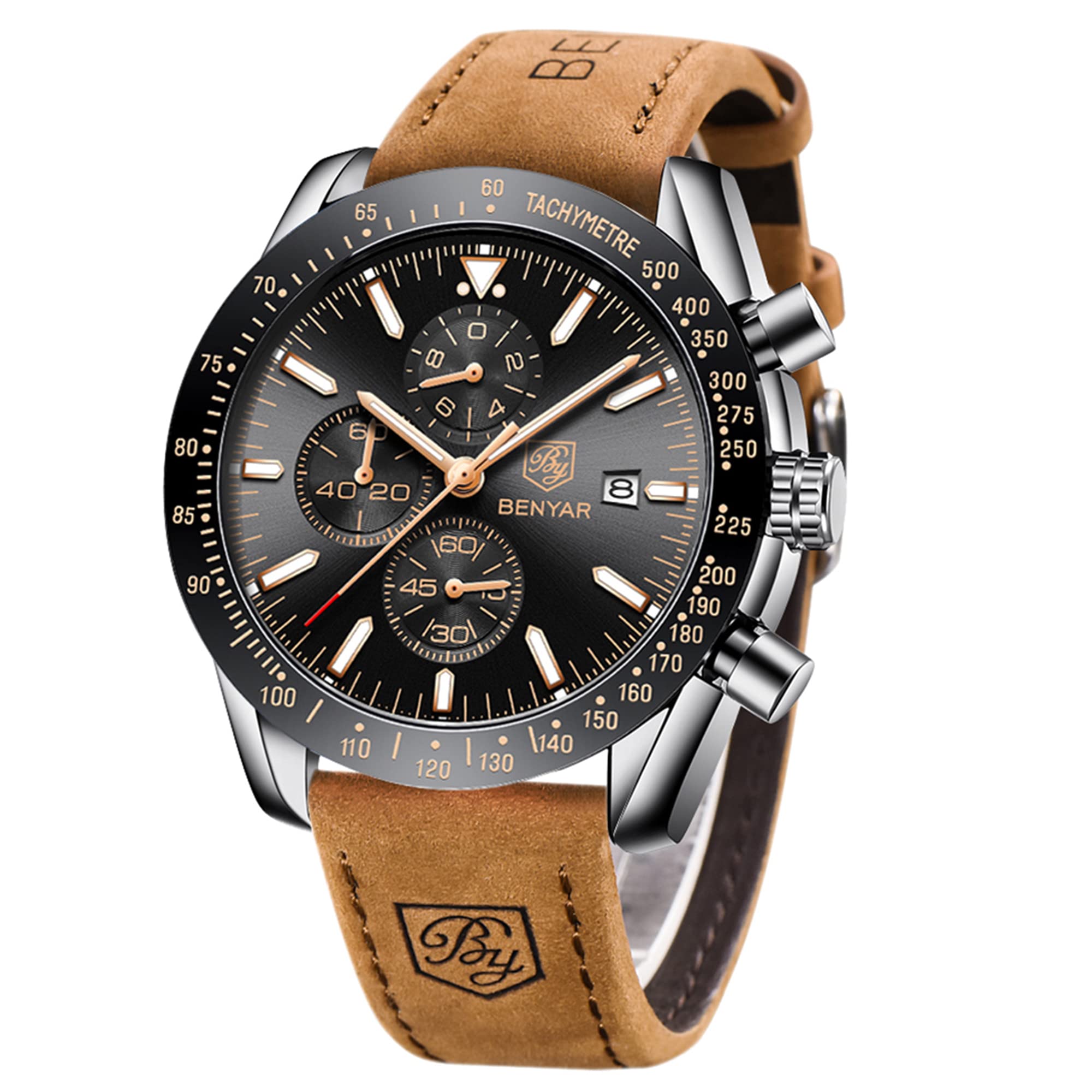 BY BENYAR Watch Chronograph Analog Watch 30M Water Resistant Business Simple Stylish Popular Formal Leather Strap Quartz Watch Gift for Men Brown