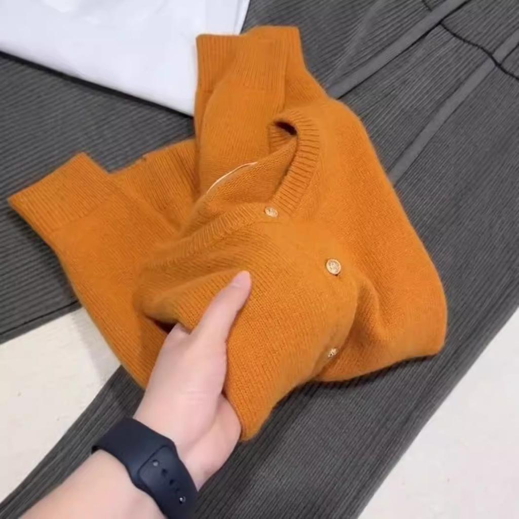 Orange long-sleeved knitted cardigan sweater women's autumn and winter loose soft waxy lazy coat top