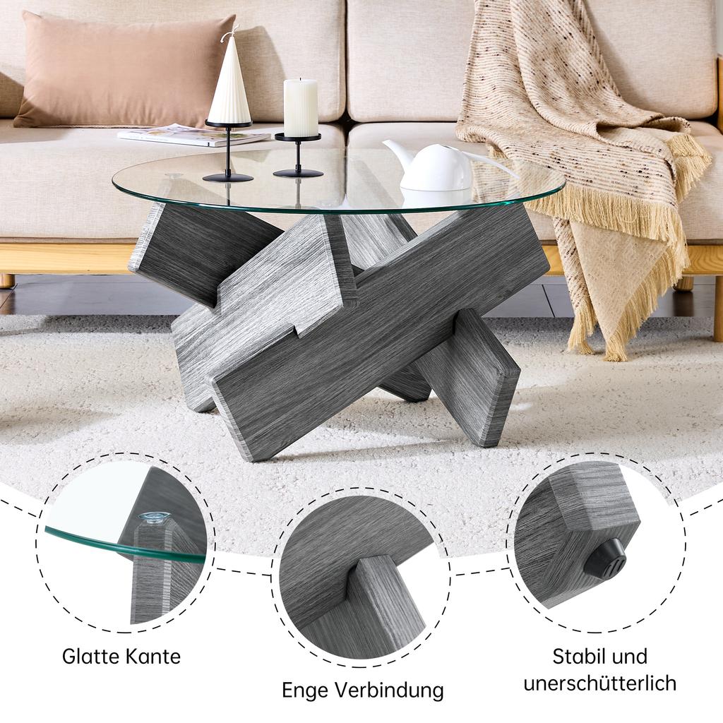 Multi-Color MDF and Glass Round Coffee Table: Creative Cross Gray Support Legs, Simple and Fashionable, 79cm Diameter, 0.8cm Thick Tempered Glass.