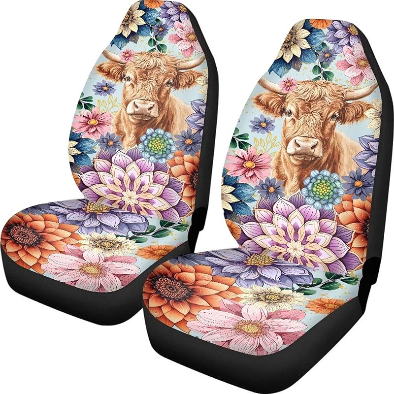 Bright Blossoms Colorful Boho Floral Print Car Seat Covers For Women,Universal Auto Front Seats Protector Fits For Car,SUV Sedan,Truck