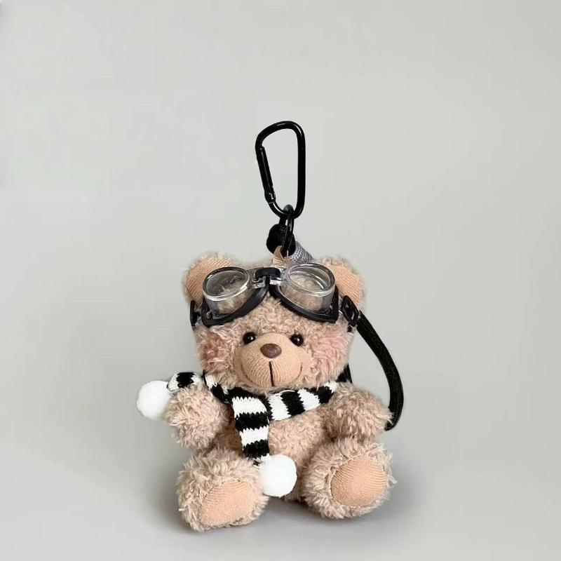 Cute Pilot Bear Plush Keychain - Soft Stuffed Animal Bag Charm with Goggles